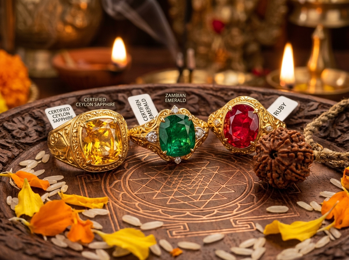 Certified Ceylon Yellow Sapphire and Zambian Emerald with Himalayan Rudraksha